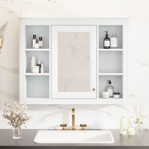 AEELLEEA 35" White Wall Mounted Bathroom Mirror Cabinet with Open Side Shelves, Adjustable Shelf Soft Close Hinges Over Toilet Storage