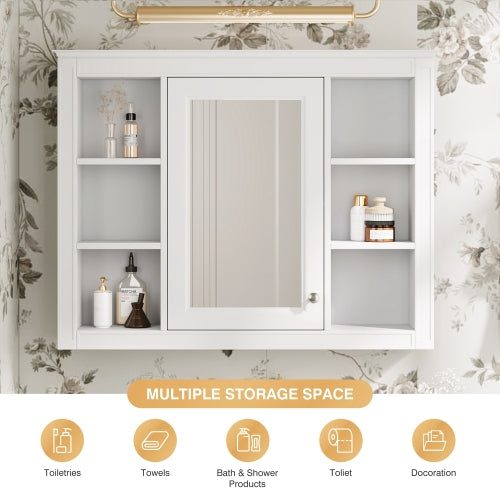 AEELLEEA 35" White Wall Mounted Bathroom Mirror Cabinet with Open Side Shelves, Adjustable Shelf Soft Close Hinges Over Toilet Storage