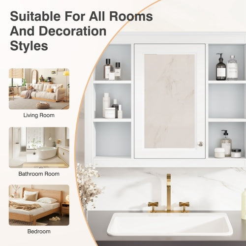 AEELLEEA 35" White Wall Mounted Bathroom Mirror Cabinet with Open Side Shelves, Adjustable Shelf Soft Close Hinges Over Toilet Storage