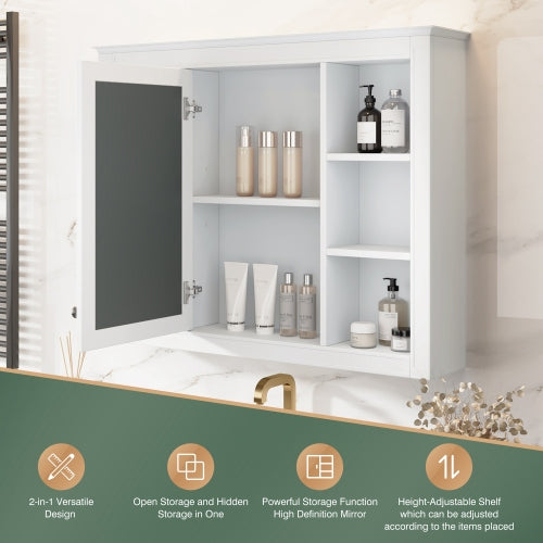 AEELLEEA 35" White Wall Mounted Bathroom Mirror Cabinet with Open Side Shelves, Adjustable Shelf Soft Close Hinges Over Toilet Storage