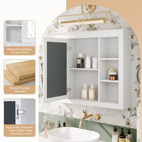 AEELLEEA 35" White Wall Mounted Bathroom Mirror Cabinet with Open Side Shelves, Adjustable Shelf Soft Close Hinges Over Toilet Storage