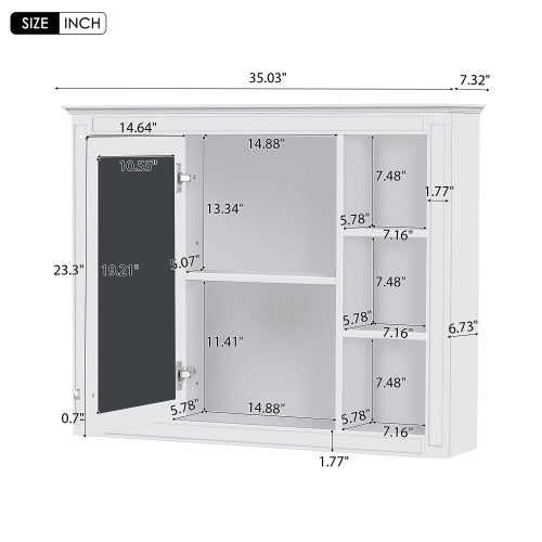 AEELLEEA 35" White Wall Mounted Bathroom Mirror Cabinet with Open Side Shelves, Adjustable Shelf Soft Close Hinges Over Toilet Storage