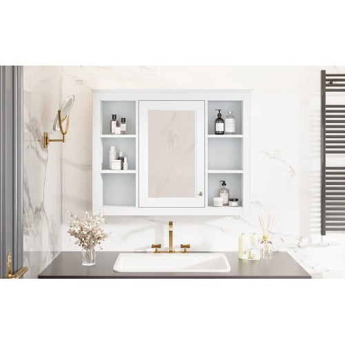 AEELLEEA 35" White Wall Mounted Bathroom Mirror Cabinet with Open Side Shelves, Adjustable Shelf Soft Close Hinges Over Toilet Storage