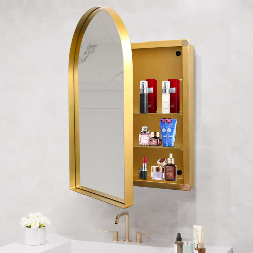 AEELLEEA 24"x 35.8" Gold Arched Recessed Bathroom Medicine Cabinet, Adjustable Tempered Glass Shelves Magnetic Door Wall Mount