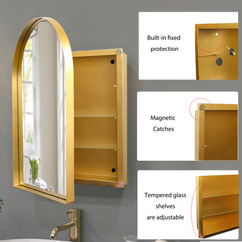 AEELLEEA 24"x 35.8" Gold Arched Recessed Bathroom Medicine Cabinet, Adjustable Tempered Glass Shelves Magnetic Door Wall Mount