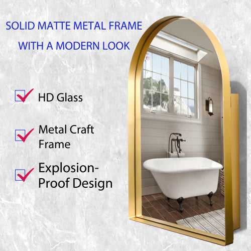 AEELLEEA 24"x 35.8" Gold Arched Recessed Bathroom Medicine Cabinet, Adjustable Tempered Glass Shelves Magnetic Door Wall Mount