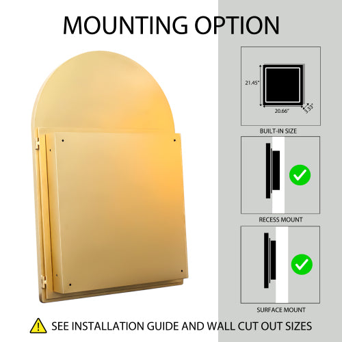 AEELLEEA 24"x 35.8" Gold Arched Recessed Bathroom Medicine Cabinet, Adjustable Tempered Glass Shelves Magnetic Door Wall Mount