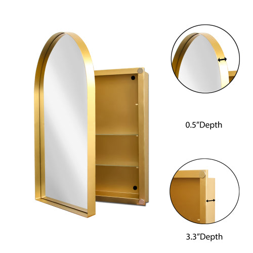 AEELLEEA 24"x 35.8" Gold Arched Recessed Bathroom Medicine Cabinet, Adjustable Tempered Glass Shelves Magnetic Door Wall Mount