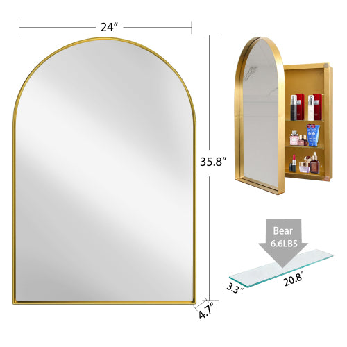 AEELLEEA 24"x 35.8" Gold Arched Recessed Bathroom Medicine Cabinet, Adjustable Tempered Glass Shelves Magnetic Door Wall Mount