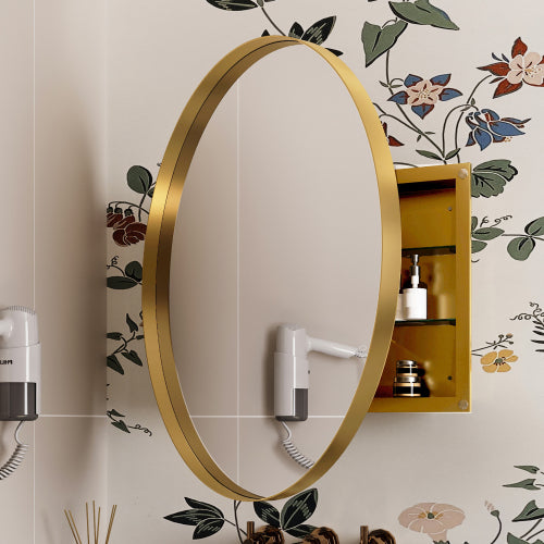 AEELLEEA 31.5" Gold Round Recessed Bathroom Medicine Cabinet, Adjustable Tempered Glass Shelves Magnetic Door Wall Mount Mirror Storage