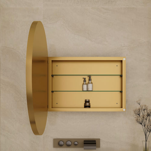 AEELLEEA 31.5" Gold Round Recessed Bathroom Medicine Cabinet, Adjustable Tempered Glass Shelves Magnetic Door Wall Mount Mirror Storage