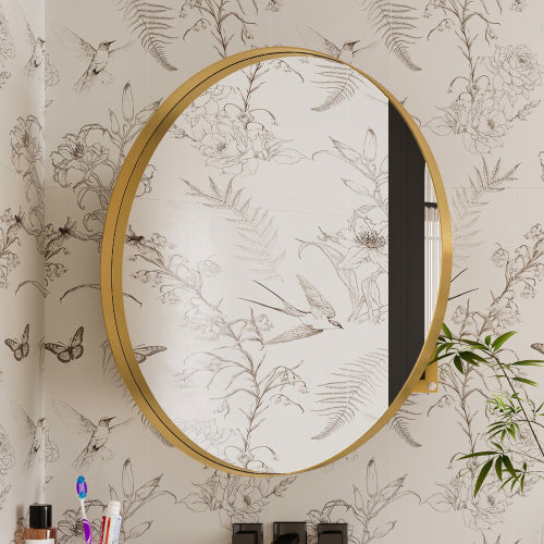 AEELLEEA 31.5" Gold Round Recessed Bathroom Medicine Cabinet, Adjustable Tempered Glass Shelves Magnetic Door Wall Mount Mirror Storage