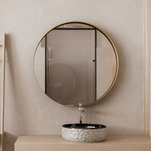 AEELLEEA 31.5" Gold Round Recessed Bathroom Medicine Cabinet, Adjustable Tempered Glass Shelves Magnetic Door Wall Mount Mirror Storage