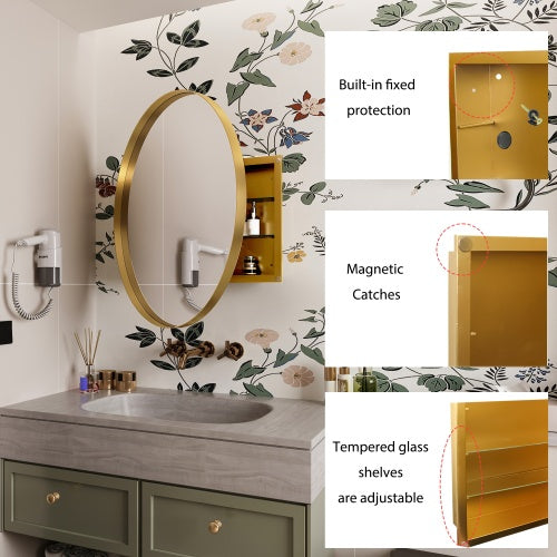 AEELLEEA 31.5" Gold Round Recessed Bathroom Medicine Cabinet, Adjustable Tempered Glass Shelves Magnetic Door Wall Mount Mirror Storage