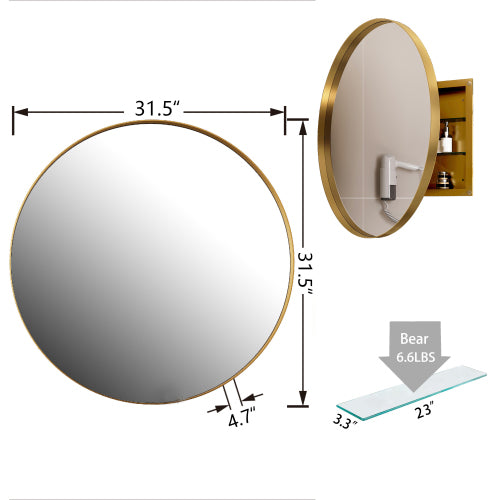 AEELLEEA 31.5" Gold Round Recessed Bathroom Medicine Cabinet, Adjustable Tempered Glass Shelves Magnetic Door Wall Mount Mirror Storage