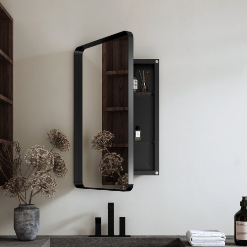 AEELLEEA 20.08"x 30" Black Rounded Rectangle Recessed Bathroom Medicine Cabinet, Tempered Glass Shelves Magnetic Door Wall Mount Mirror Storage