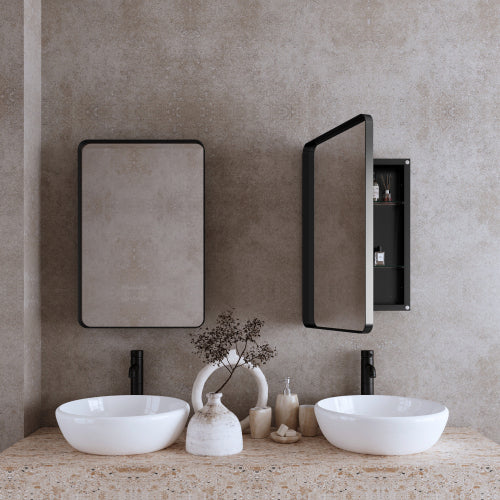 AEELLEEA 20.08"x 30" Black Rounded Rectangle Recessed Bathroom Medicine Cabinet, Tempered Glass Shelves Magnetic Door Wall Mount Mirror Storage