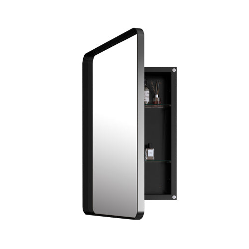 AEELLEEA 20.08"x 30" Black Rounded Rectangle Recessed Bathroom Medicine Cabinet, Tempered Glass Shelves Magnetic Door Wall Mount Mirror Storage
