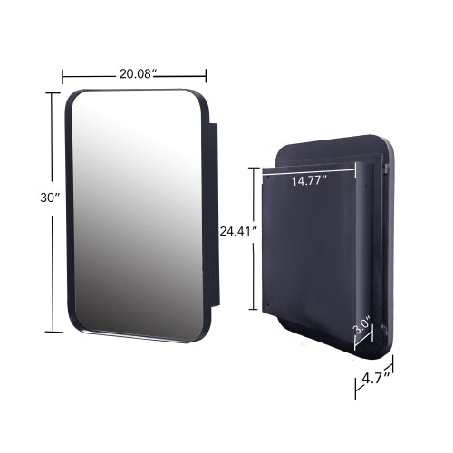 AEELLEEA 20.08"x 30" Black Rounded Rectangle Recessed Bathroom Medicine Cabinet, Tempered Glass Shelves Magnetic Door Wall Mount Mirror Storage
