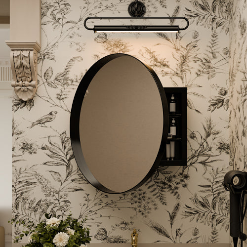 AEELLEEA 23.6" Black Round Wall Mounted Bathroom Mirror Cabinet, Adjustable Tempered Glass Shelves Magnetic Door Surface Mount Only