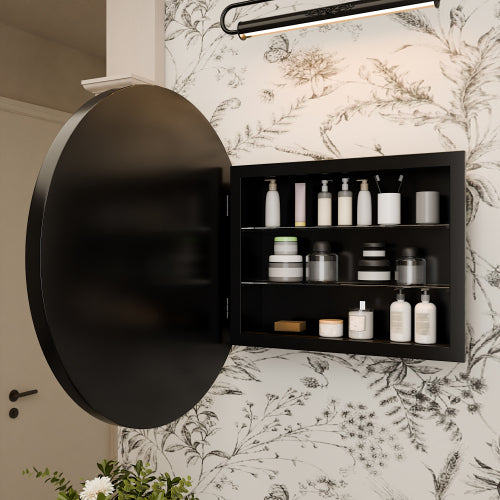 AEELLEEA 23.6" Black Round Wall Mounted Bathroom Mirror Cabinet, Adjustable Tempered Glass Shelves Magnetic Door Surface Mount Only