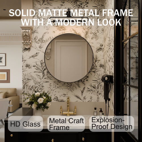AEELLEEA 23.6" Black Round Wall Mounted Bathroom Mirror Cabinet, Adjustable Tempered Glass Shelves Magnetic Door Surface Mount Only