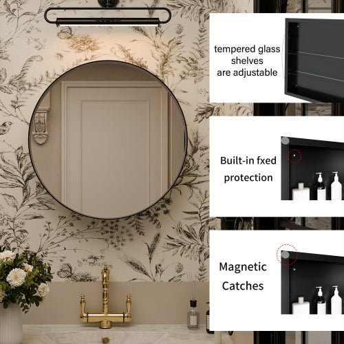 AEELLEEA 23.6" Black Round Wall Mounted Bathroom Mirror Cabinet, Adjustable Tempered Glass Shelves Magnetic Door Surface Mount Only