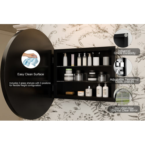 AEELLEEA 23.6" Black Round Wall Mounted Bathroom Mirror Cabinet, Adjustable Tempered Glass Shelves Magnetic Door Surface Mount Only