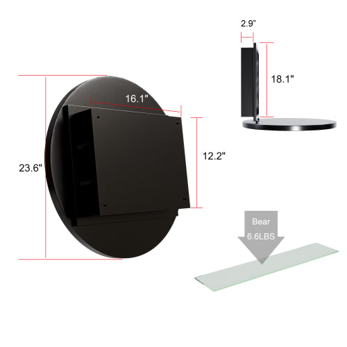 AEELLEEA 23.6" Black Round Wall Mounted Bathroom Mirror Cabinet, Adjustable Tempered Glass Shelves Magnetic Door Surface Mount Only