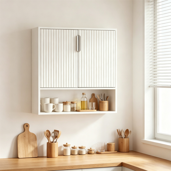AEELLEEA 22.5"x 8" x 24" White Wall Mounted Bathroom Cabinet, Fluted Door Storage Cabinet with Open Shelf for Kitchen Laundry