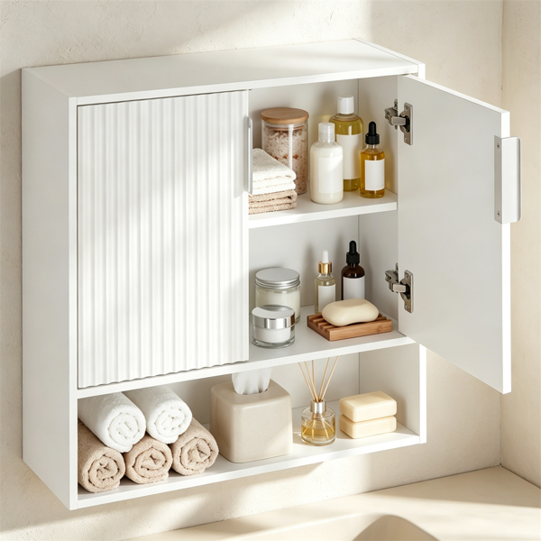 AEELLEEA 22.5"x 8" x 24" White Wall Mounted Bathroom Cabinet, Fluted Door Storage Cabinet with Open Shelf for Kitchen Laundry