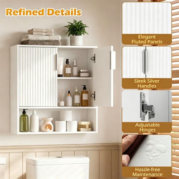 AEELLEEA 22.5"x 8" x 24" White Wall Mounted Bathroom Cabinet, Fluted Door Storage Cabinet with Open Shelf for Kitchen Laundry