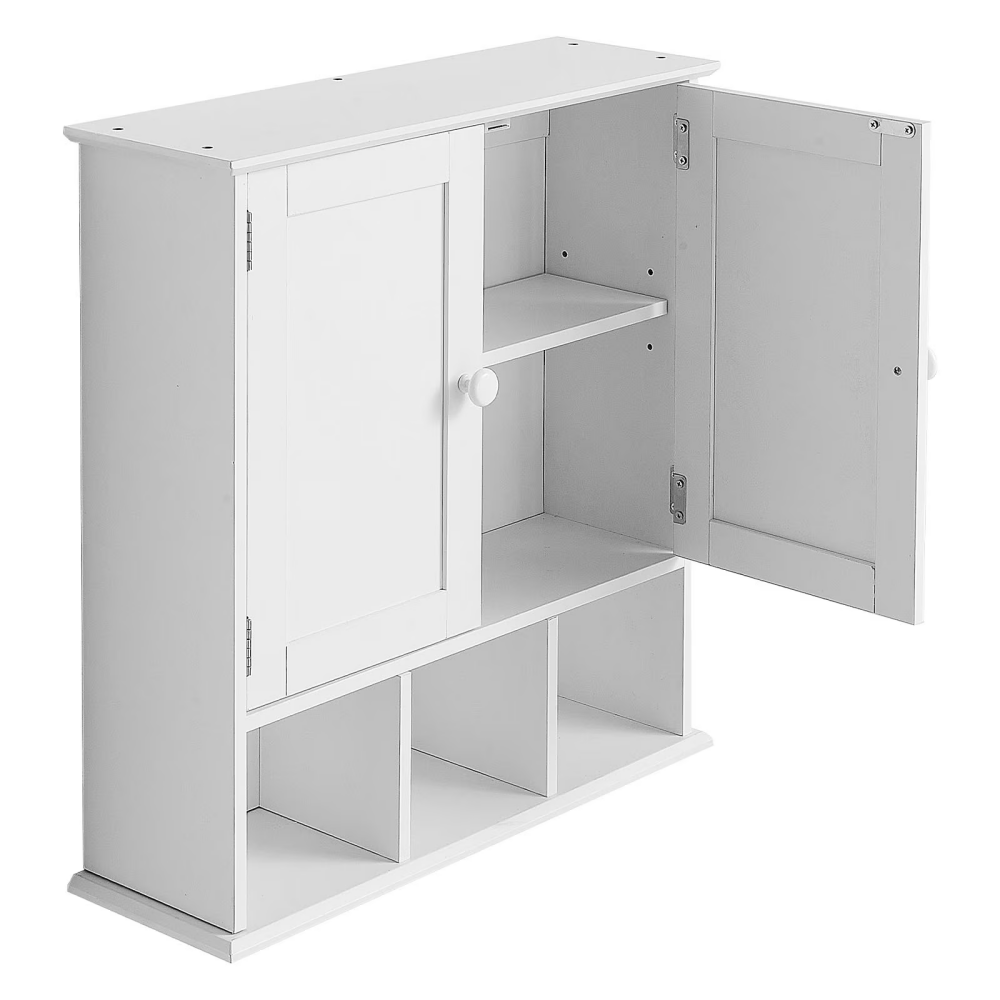 AEELLEEA 22"x 7" x 23" White Wall Mounted Bathroom Cabinet, Double Door Medicine Cabinet with Open Cubbies Adjustable Shelf
