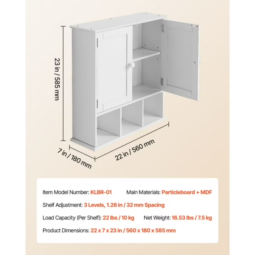 AEELLEEA 22"x 7" x 23" White Wall Mounted Bathroom Cabinet, Double Door Medicine Cabinet with Open Cubbies Adjustable Shelf