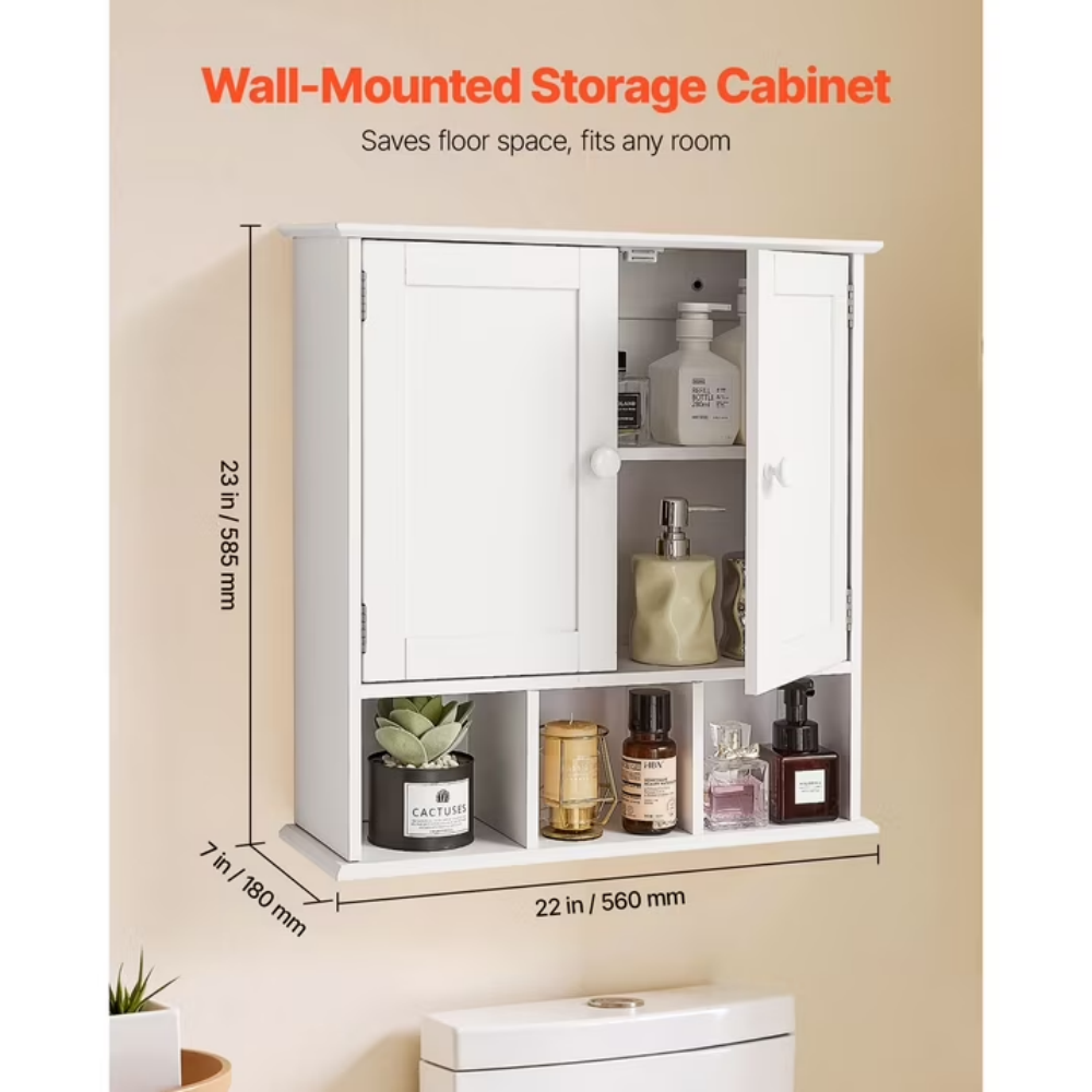 AEELLEEA 22"x 7" x 23" White Wall Mounted Bathroom Cabinet, Double Door Medicine Cabinet with Open Cubbies Adjustable Shelf