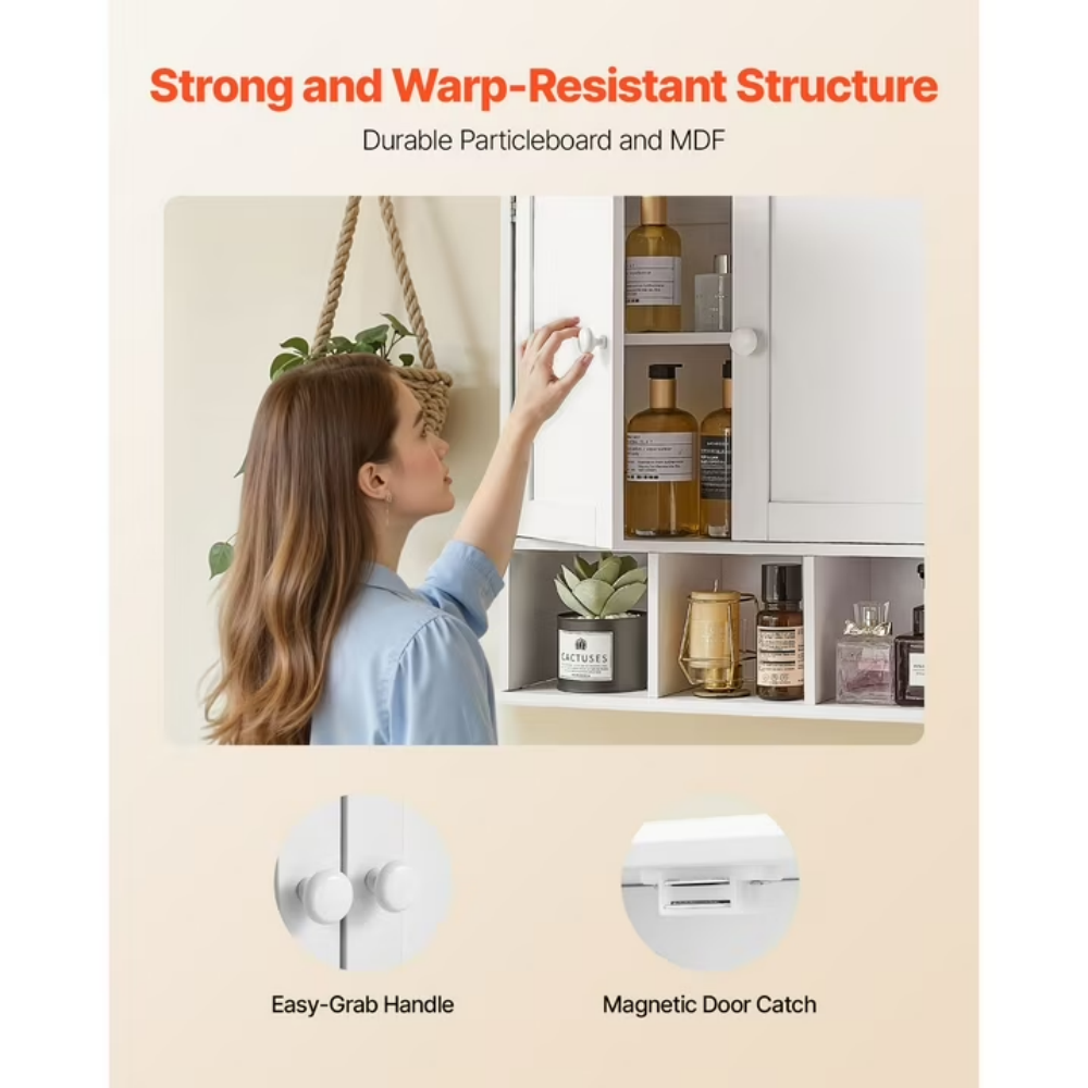 AEELLEEA 22"x 7" x 23" White Wall Mounted Bathroom Cabinet, Double Door Medicine Cabinet with Open Cubbies Adjustable Shelf
