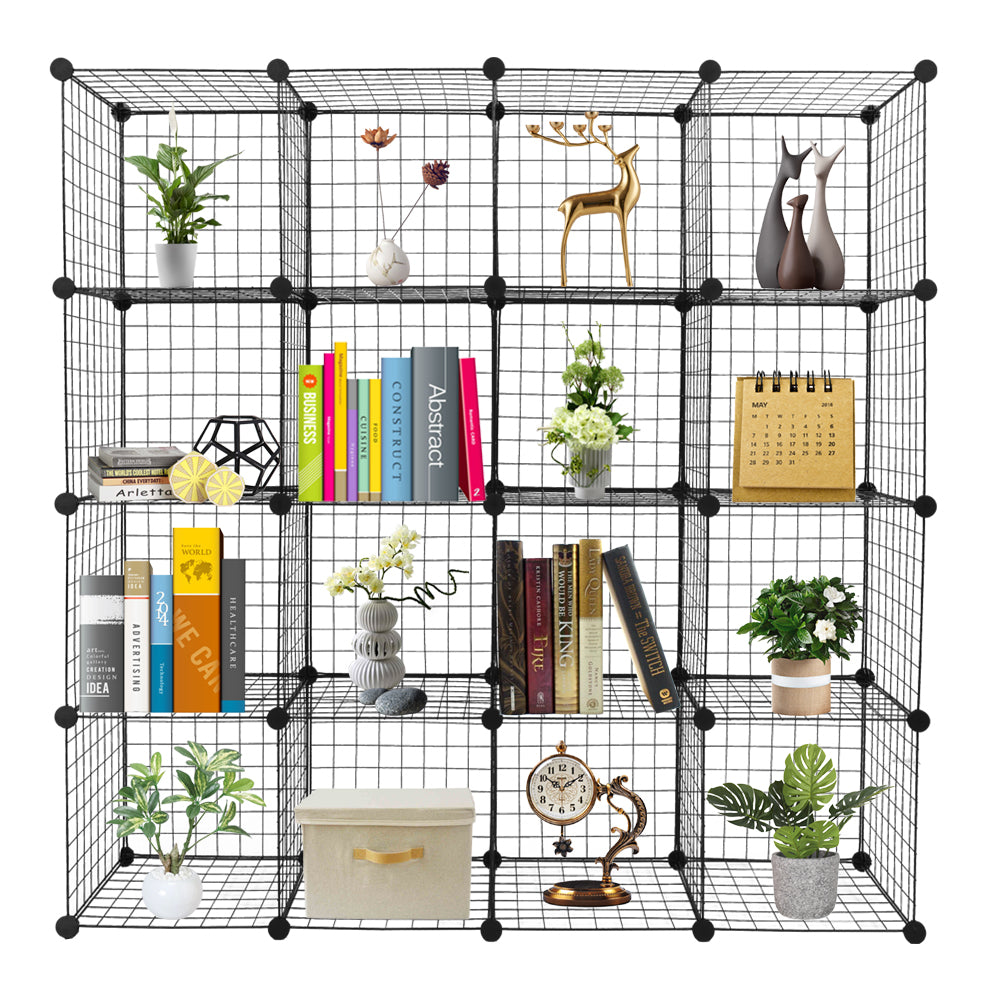 AEELLEEA 47"x 14" x 57" Black 16 Cube Wire Grid Storage Organizer, Modular Metal Cube Shelf Bookcase for Closet Bedroom Playroom