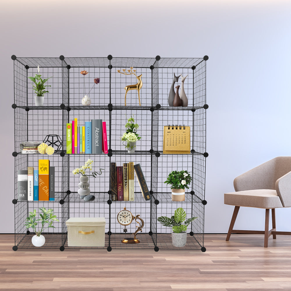 AEELLEEA 47"x 14" x 57" Black 16 Cube Wire Grid Storage Organizer, Modular Metal Cube Shelf Bookcase for Closet Bedroom Playroom