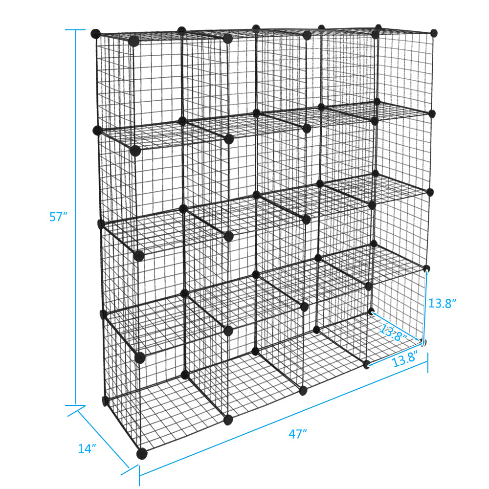AEELLEEA 47"x 14" x 57" Black 16 Cube Wire Grid Storage Organizer, Modular Metal Cube Shelf Bookcase for Closet Bedroom Playroom