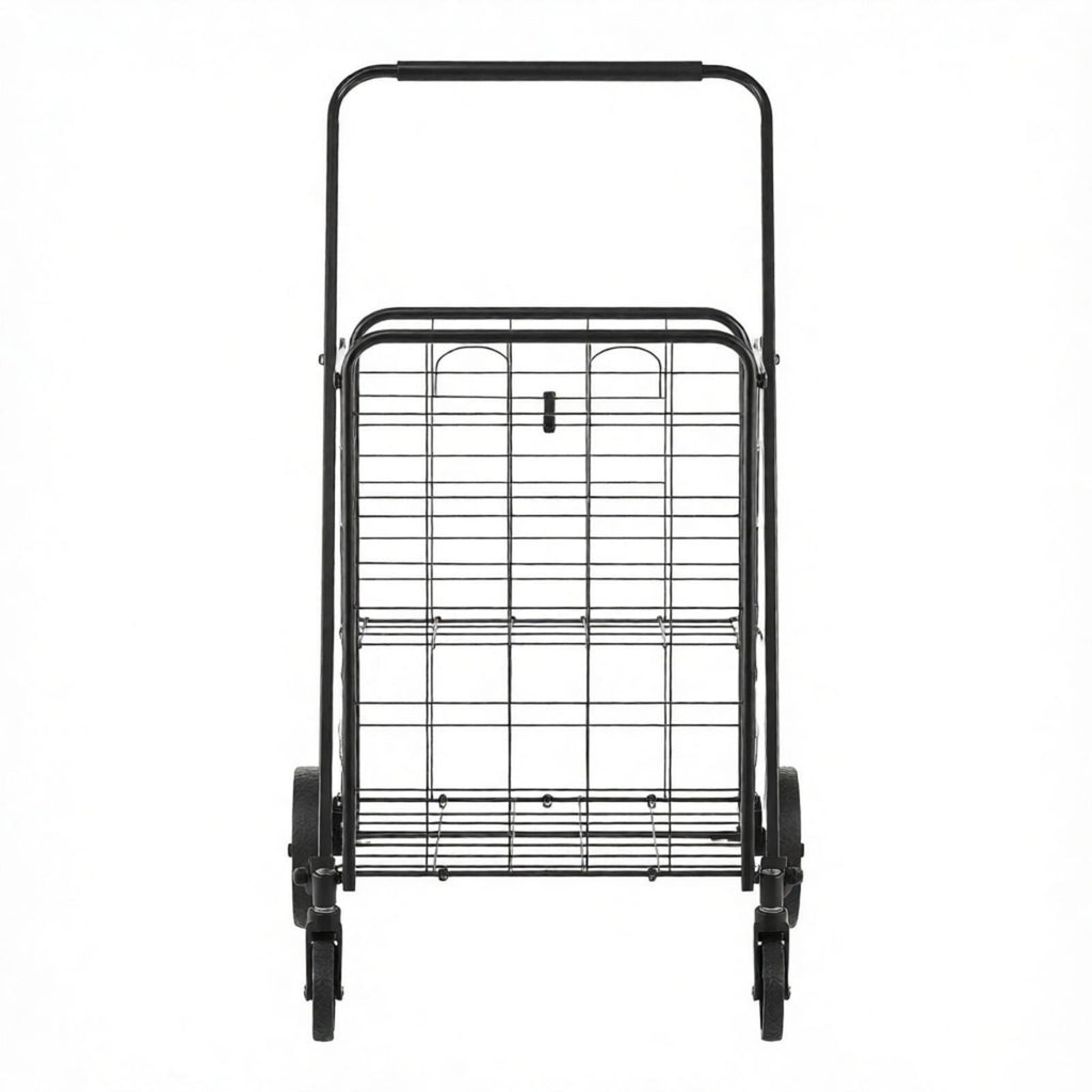 AEELLEEA 22.8"x 21.1" x 40.9" Folding Rolling Shopping Cart, Black Wire Grocery Trolley with Wheels Foldable Basket for Laundry