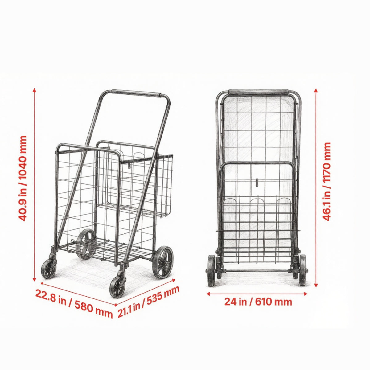 AEELLEEA 22.8"x 21.1" x 40.9" Folding Rolling Shopping Cart, Black Wire Grocery Trolley with Wheels Foldable Basket for Laundry