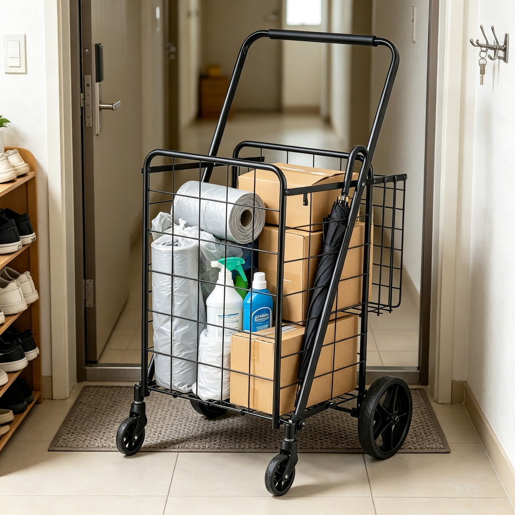 AEELLEEA 22.8"x 21.1" x 40.9" Folding Rolling Shopping Cart, Black Wire Grocery Trolley with Wheels Foldable Basket for Laundry