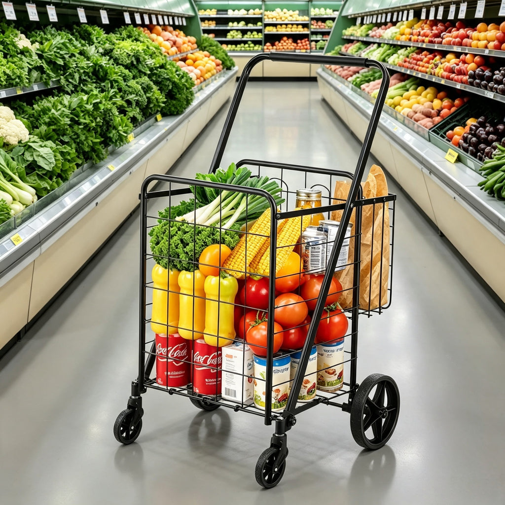 AEELLEEA 22.8"x 21.1" x 40.9" Folding Rolling Shopping Cart, Black Wire Grocery Trolley with Wheels Foldable Basket for Laundry