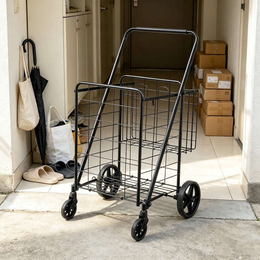 AEELLEEA 22.8"x 21.1" x 40.9" Folding Rolling Shopping Cart, Black Wire Grocery Trolley with Wheels Foldable Basket for Laundry