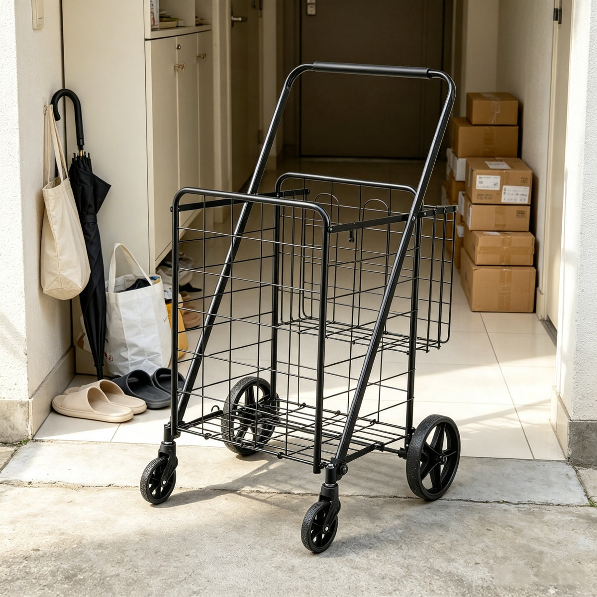 AEELLEEA 22.8"x 21.1" x 40.9" Folding Rolling Shopping Cart, Black Wire Grocery Trolley with Wheels Foldable Basket for Laundry