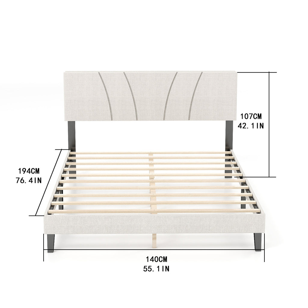 Bed Frame with Linen Headboard and Metal Legs Solid Wood Slats Mattress Platform for Bedroom Beige