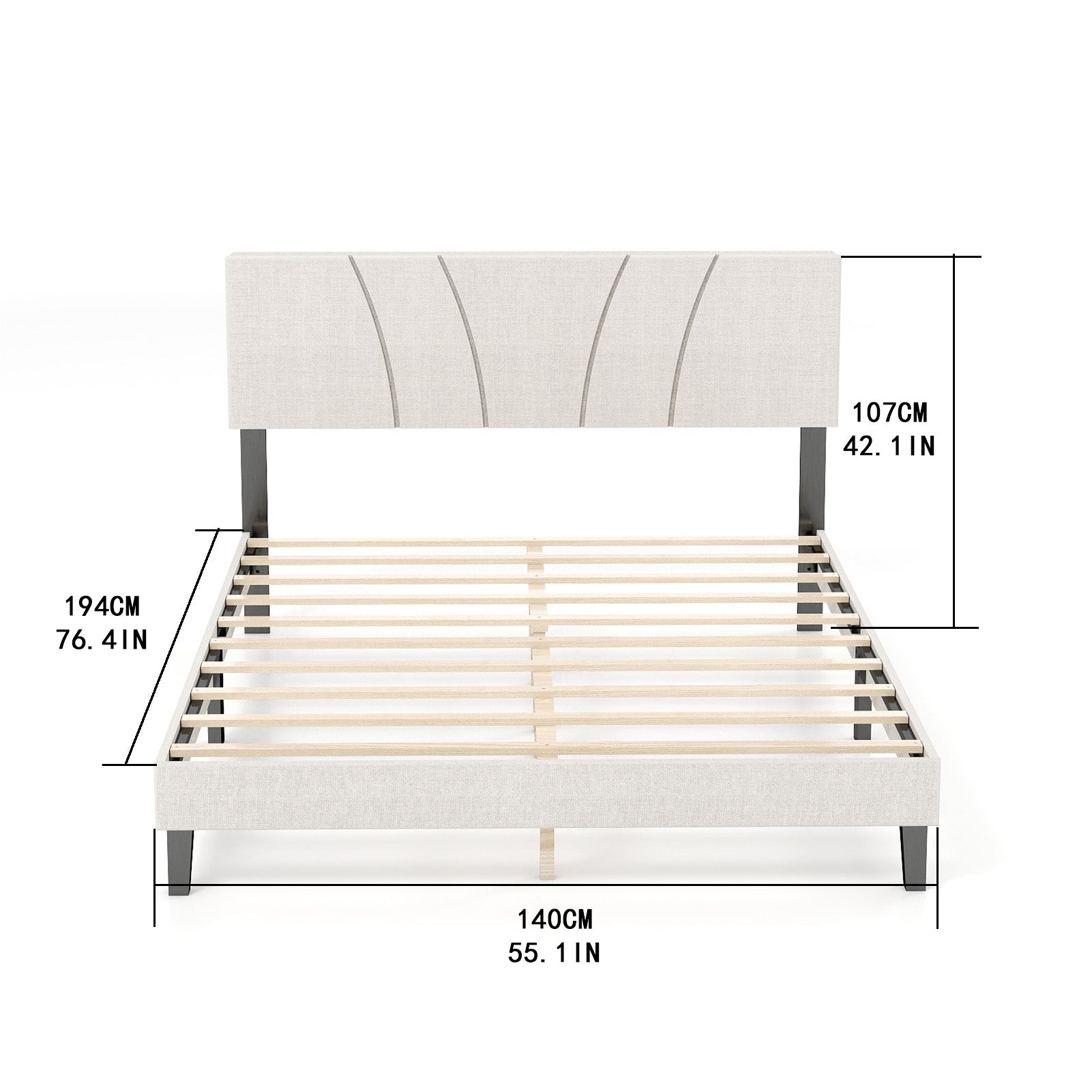 Bed Frame with Linen Headboard and Metal Legs Solid Wood Slats Mattress Platform for Bedroom Beige