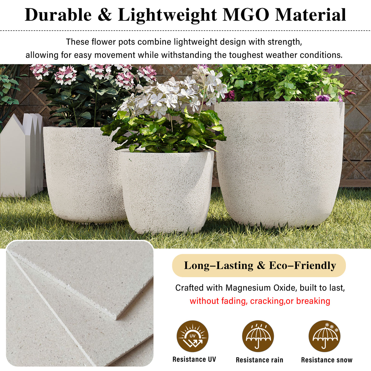 AEELLEEA Set of 3 MGO Planters, 16.9/14/11.2 in Round Indoor Outdoor Flower Pots with Drainage Holes, Stackable, White