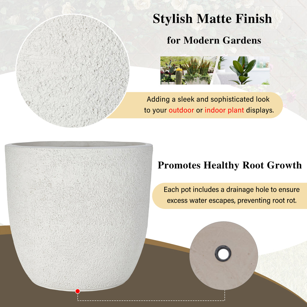 AEELLEEA Set of 3 MGO Planters, 16.9/14/11.2 in Round Indoor Outdoor Flower Pots with Drainage Holes, Stackable, White