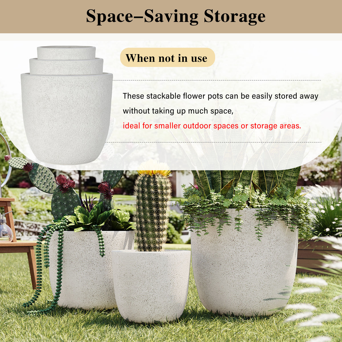 AEELLEEA Set of 3 MGO Planters, 16.9/14/11.2 in Round Indoor Outdoor Flower Pots with Drainage Holes, Stackable, White